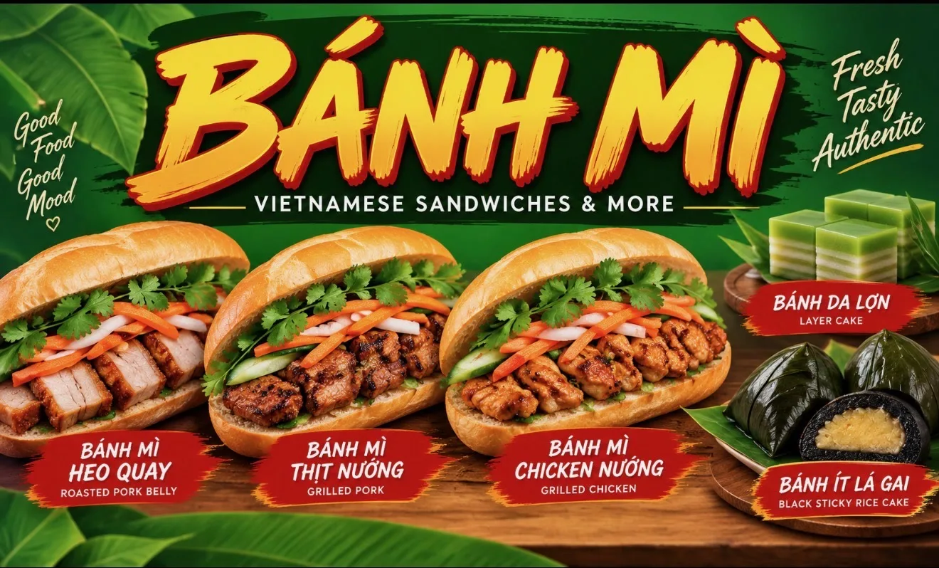 Bánh mì — Vietnamese sandwiches: roasted pork belly, grilled pork, grilled chicken