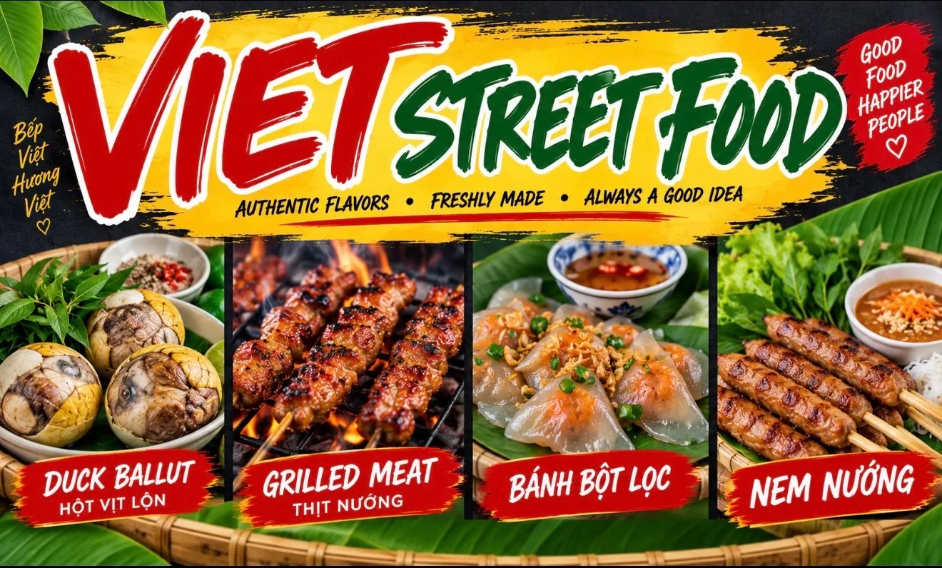 Việt street food — grilled meats, bánh bột lọc, nem nướng