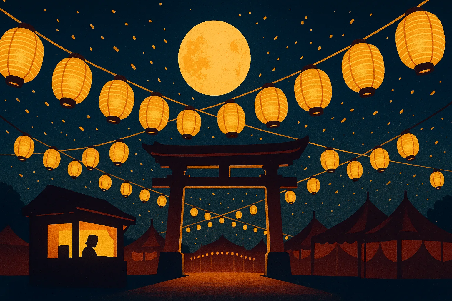 Festival entrance gate at night, lit by lanterns