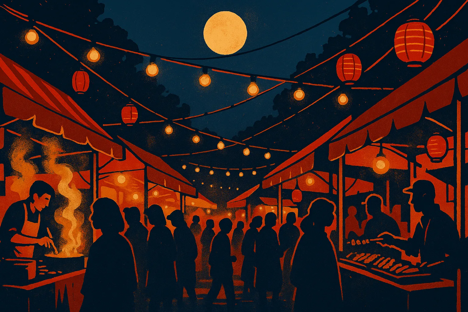 Bustling festival market stalls at night